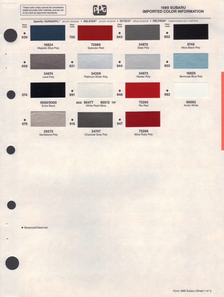 1989 Subaru Paint Charts PPG